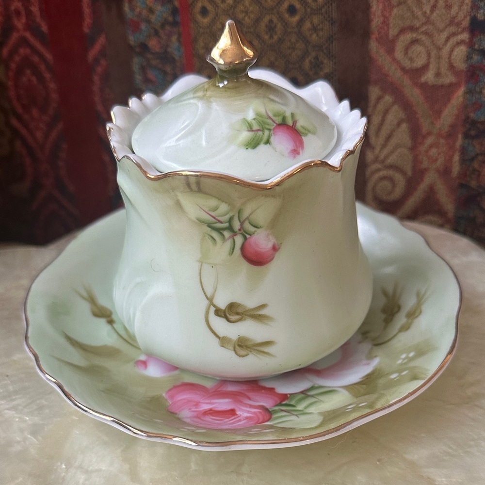 Vintage Lefton Heritage Green Rose Hand Painted Jelly Jar With Under Plate - Picture 4 of 8